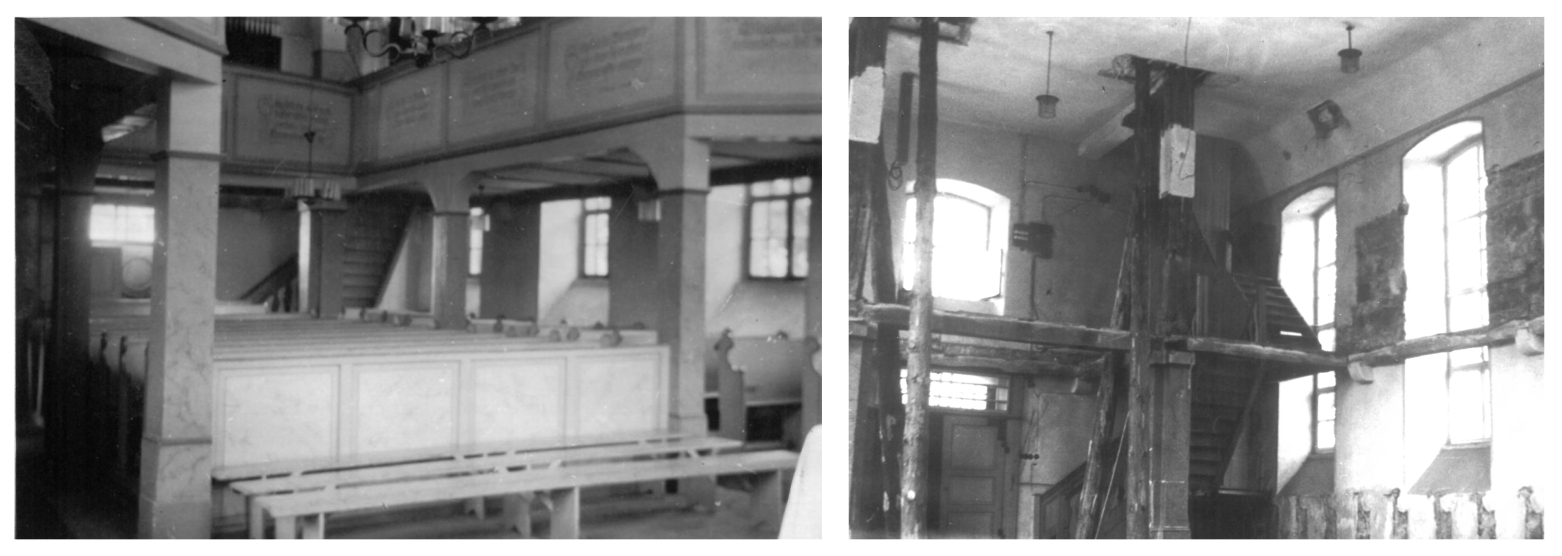 Die Kirche vor der Renovierung mit Inschriften und während der Kernsanierung 1958. Die Kirche vor der Renovierung mit Inschriften und während der Kernsanierung 1958.